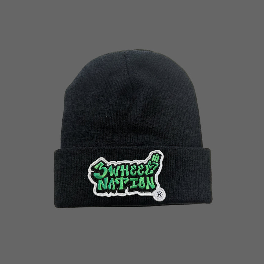 Three Wheel Nation beanie Black with Green Logo