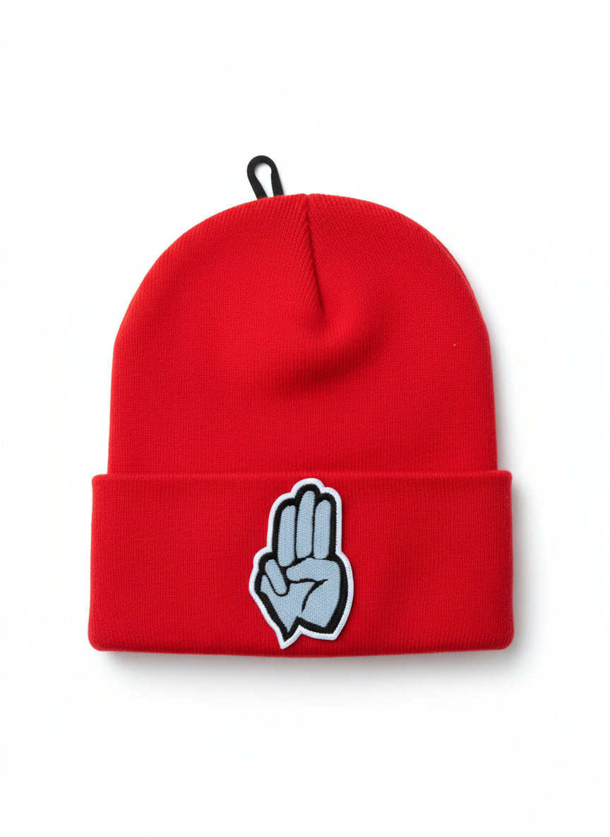 Three Wheel Nation beanie Red with Grey Three Fingers