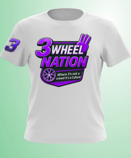 3 Wheel Nation Custom Unity Tee Shirt (White & Purple)