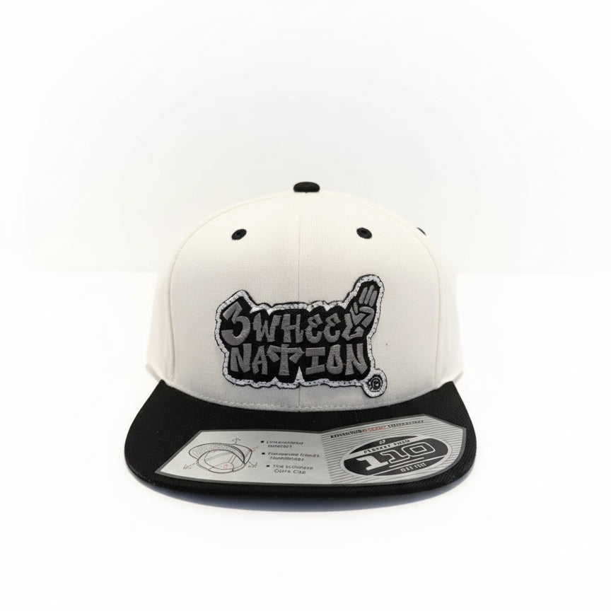 3 Wheel Nation Hat White & Black Snapback.