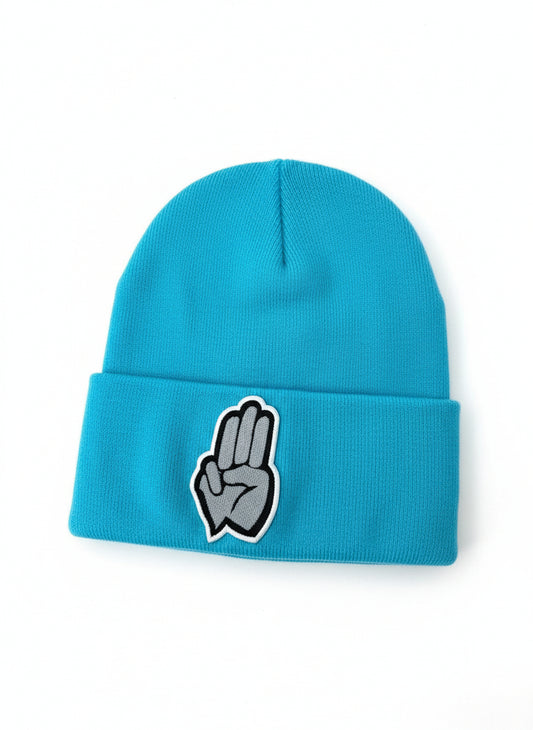 Three Wheel Nation beanie Aqua with Gray 3 Finger