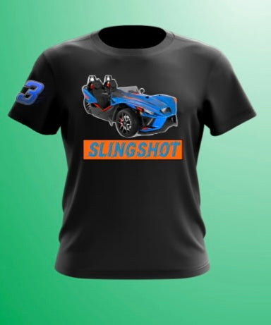 Slingshot Tee Shirts ( Black Shirt Blue Slingshot)