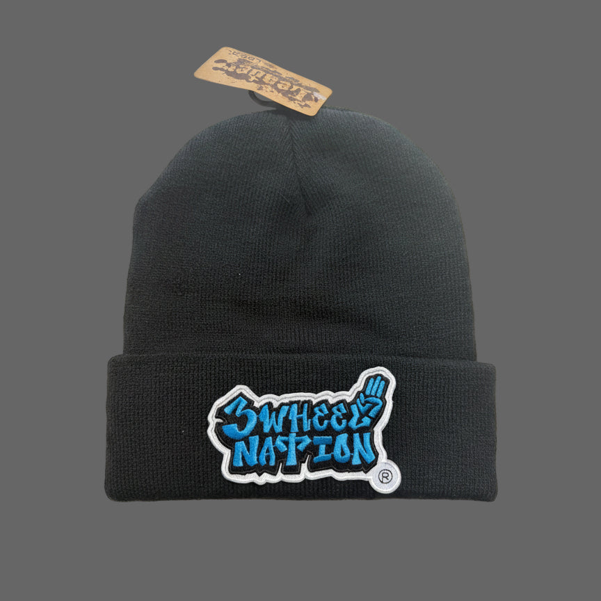Three Wheel Nation Custom Black Beanie Blue Logo.