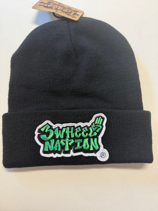 Three Wheel Nation beanie Black with Green Logo