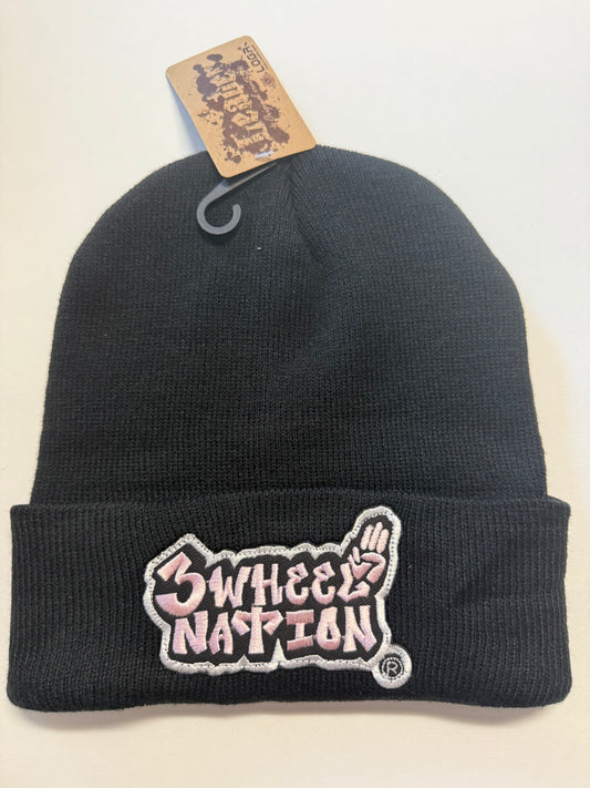 Three Wheel Nation Custom Black Beanie Pink Logo