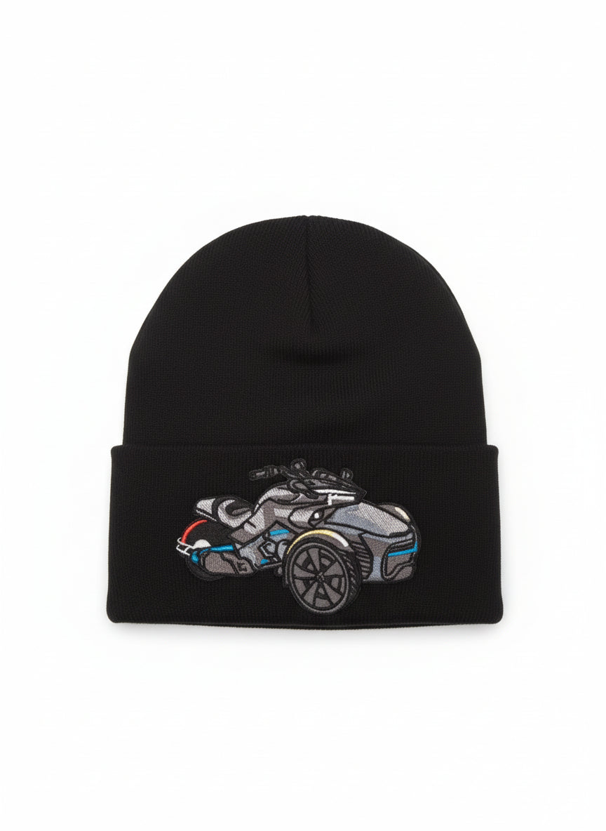 Three Wheel Nation Custom Black Beanie with Spyder Grey/Blue