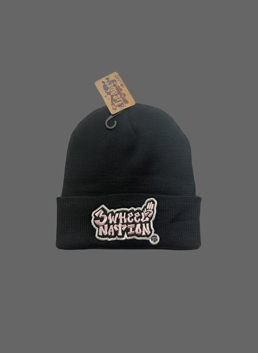 Three Wheel Nation Custom Black Beanie Pink Logo.