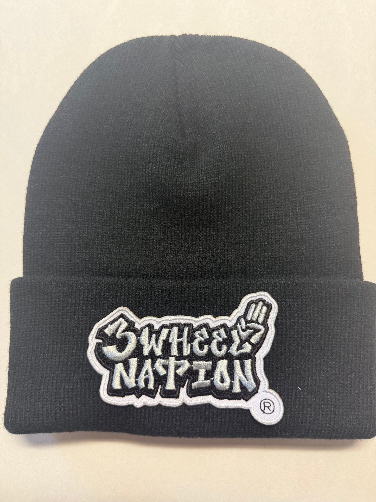 Three Wheel Nation Custom Black Beanie Silver Logo