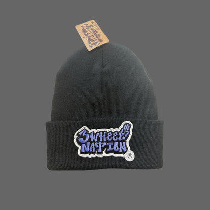 Three Wheel Nation Custom Black Beanie lilac Logo