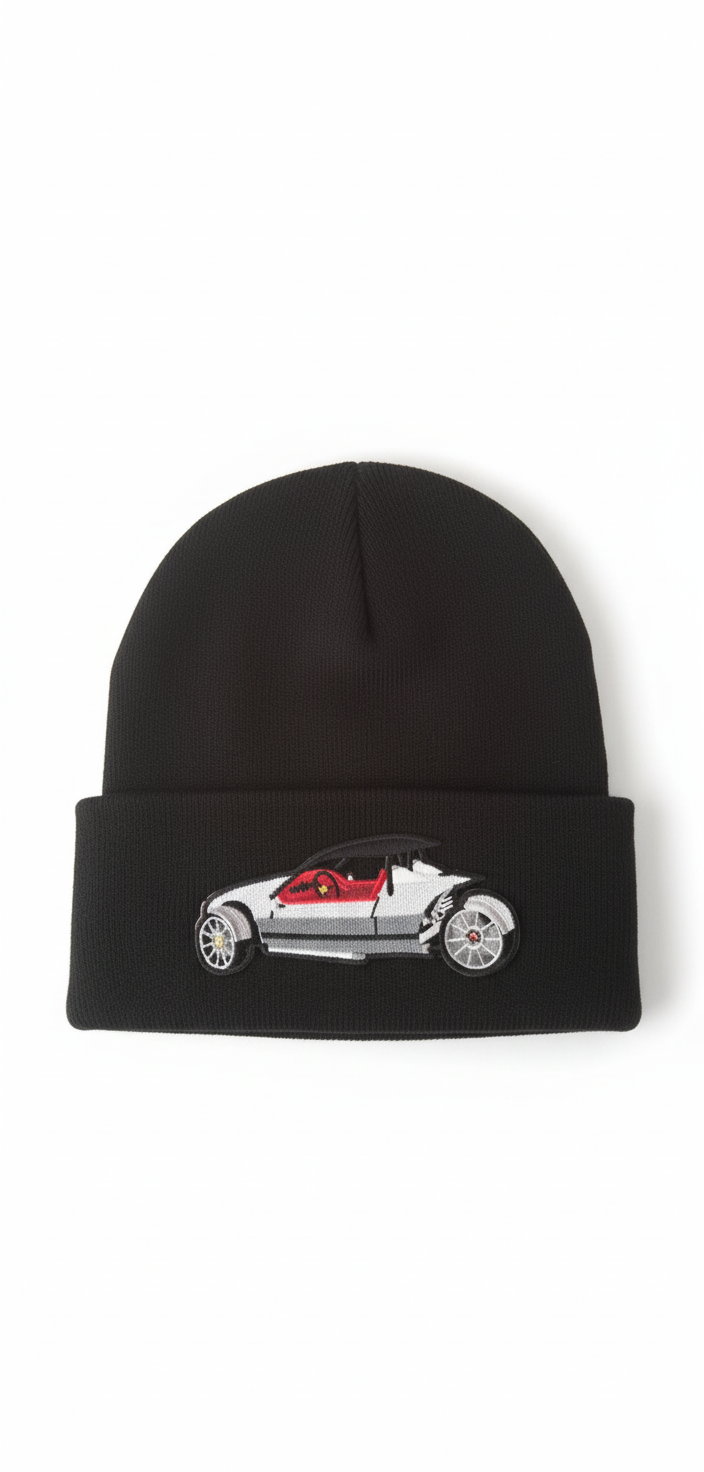 Three Wheel Nation beanie black with Vanderhall (White & Red Trim)