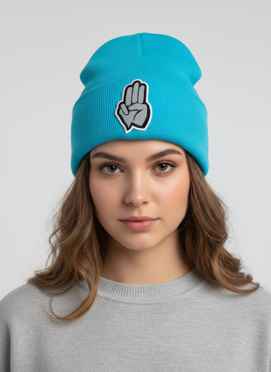 Three Wheel Nation beanie Aqua with Gray 3 Finger