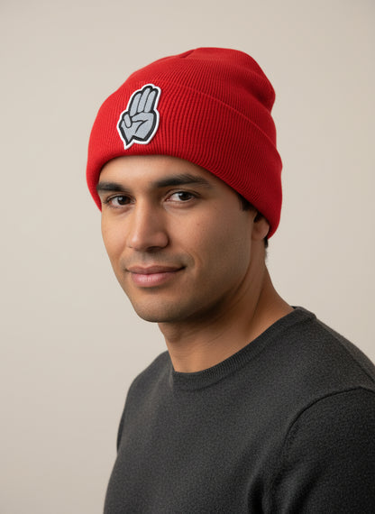 Three Wheel Nation beanie Red with Grey Three Fingers