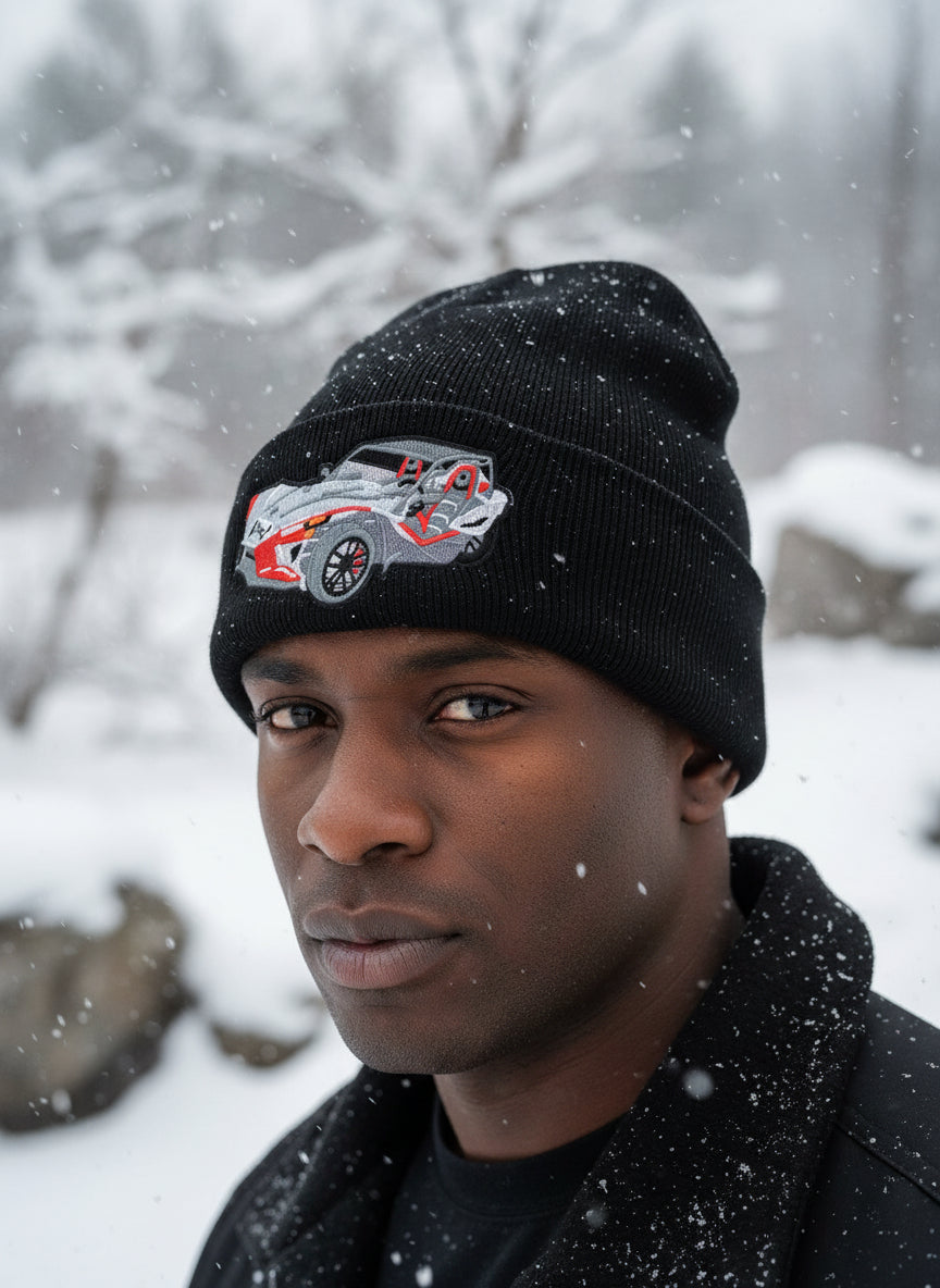 Three Wheel Nation Custom Black Beanie with Grey/Red SlingShot
