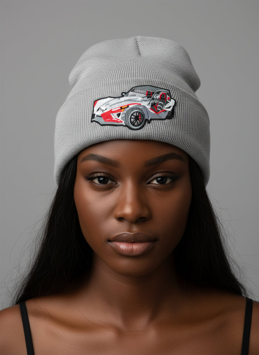 Three Wheel Nation beanie With Slingshot Red trim