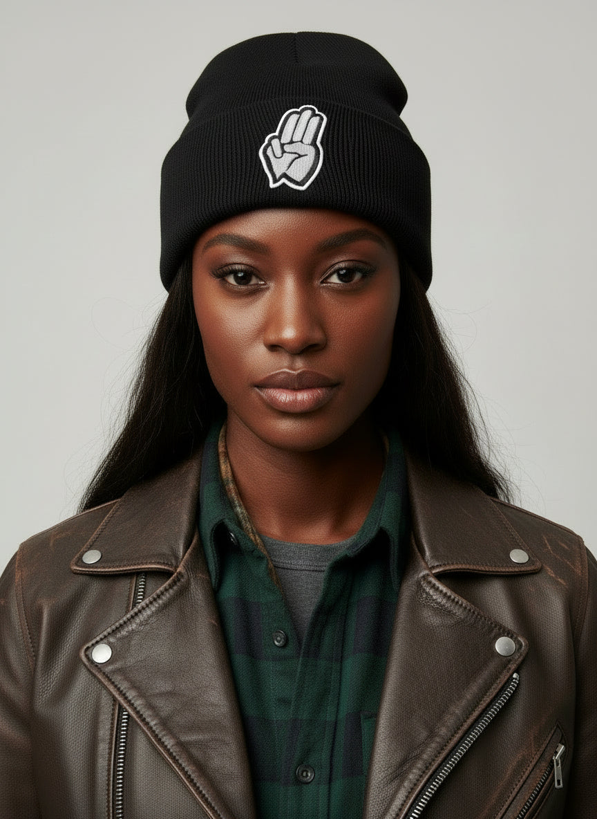 Three Wheel Nation Custom Black Beanie with Grey Fingers