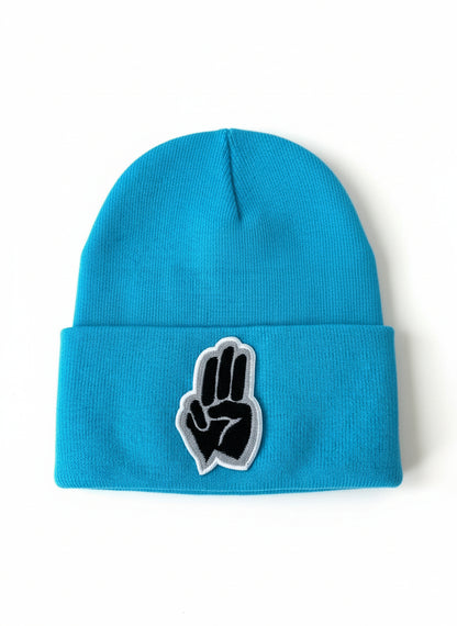 Three Wheel Nation beanie Aqua with Black 3 Finger