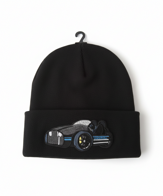 Three Wheel Nation beanie Black Vanderhall with (Blue Trim)
