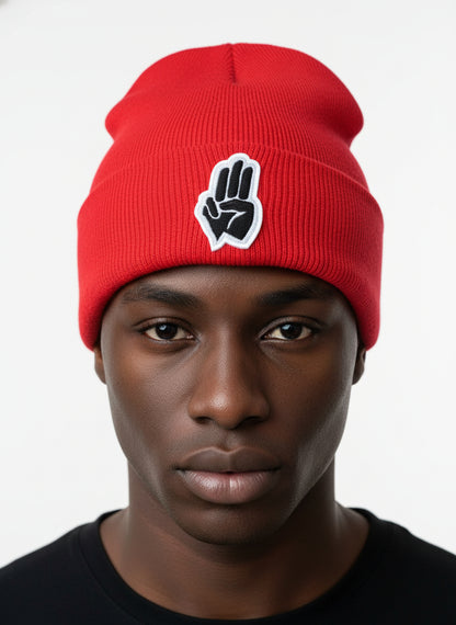 Three Wheel Nation beanie Red with Black Three Fingers