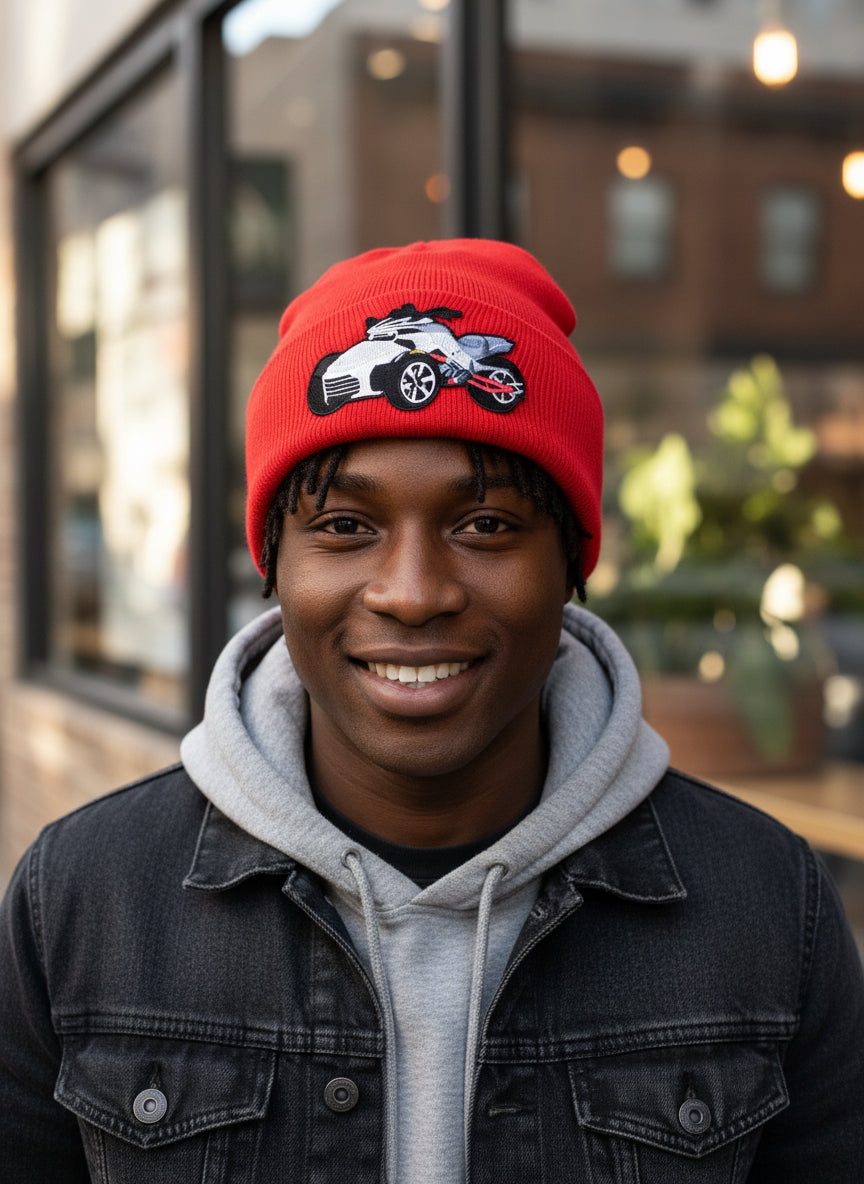 Three Wheel Nation Custom Red Beanie with Spyder/White