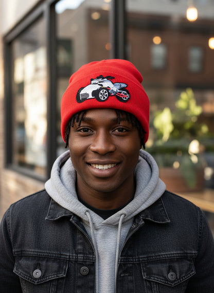 Three Wheel Nation Custom Red Beanie with Spyder/White