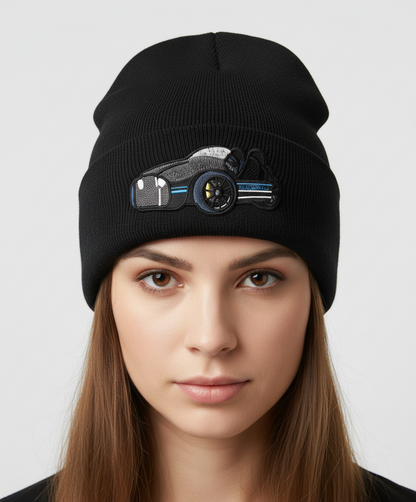 Three Wheel Nation beanie Black Vanderhall with (Blue Trim)