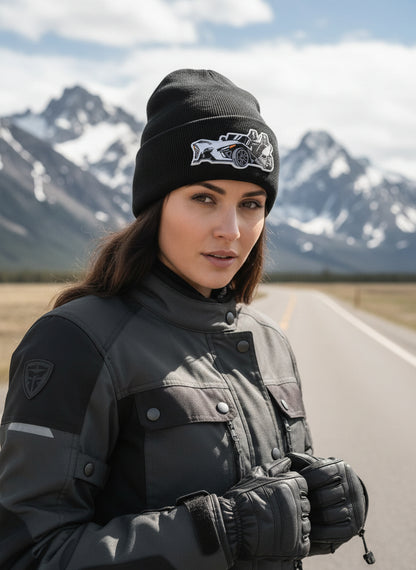 Three Wheel Nation Custom Black Beanie with White SlingShot