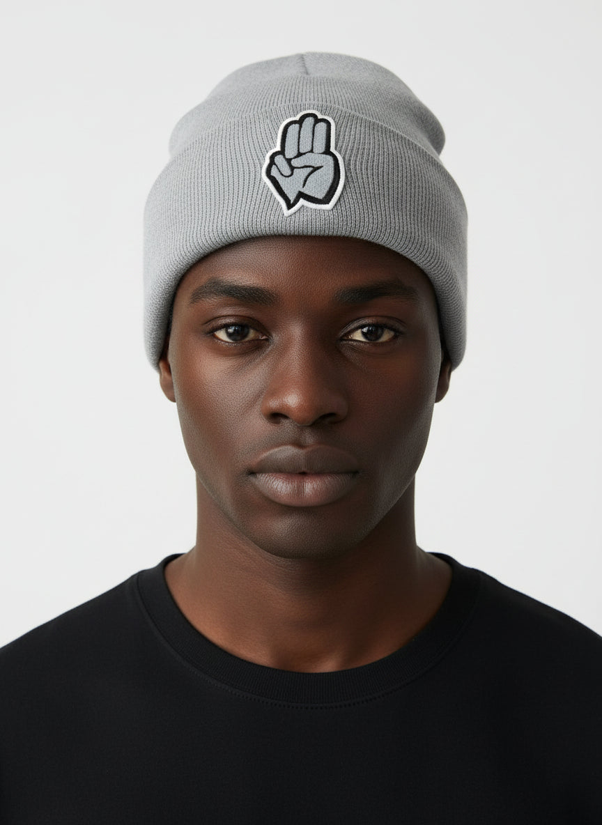 Three Wheel Nation beanie Grey with Gray Fingers