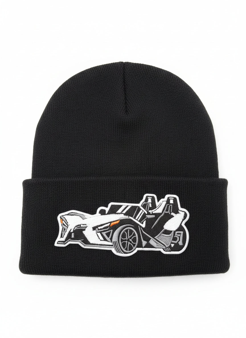 Three Wheel Nation Custom Black Beanie with White SlingShot
