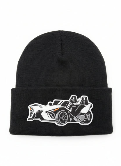 Three Wheel Nation Custom Black Beanie with White SlingShot