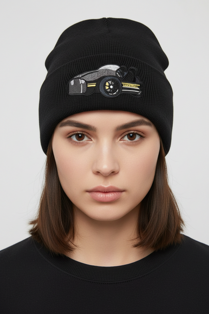 Three Wheel Nation beanie Black Vanderhall with (Yellow trim)