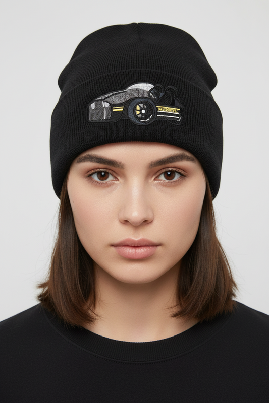 Three Wheel Nation beanie Black Vanderhall with (Yellow trim)