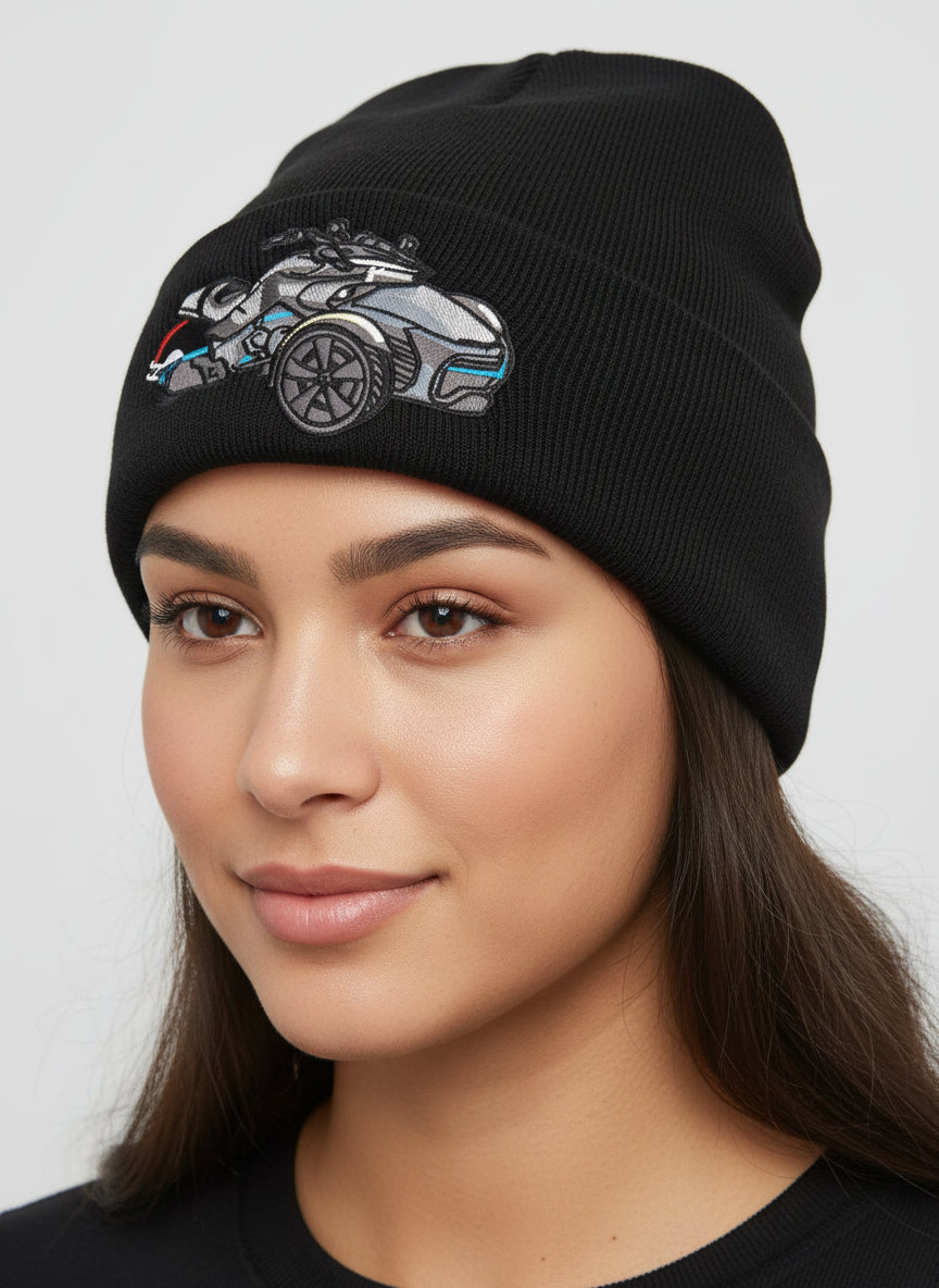 Three Wheel Nation Custom Black Beanie with Spyder Grey/Blue