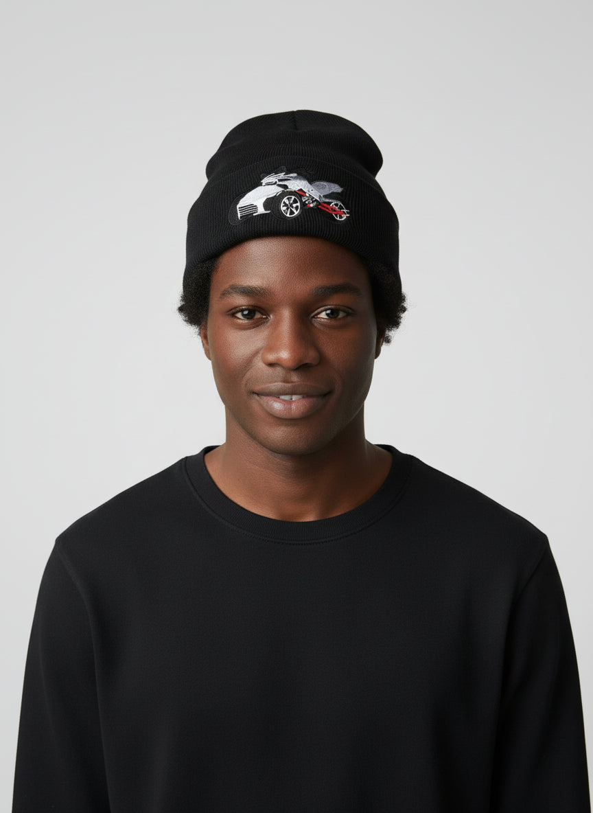 Three Wheel Nation Custom Black Beanie with Spyder/White