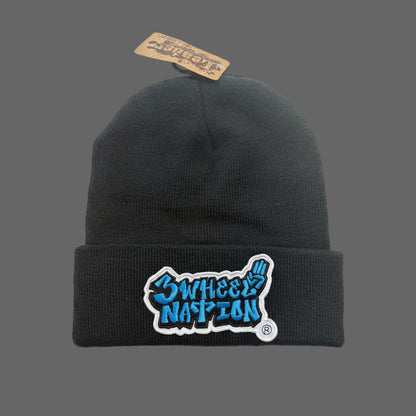 Three Wheel Nation Custom Black Beanie Blue Logo.