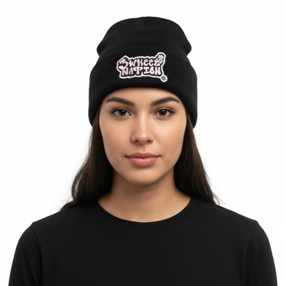Three Wheel Nation Custom Black Beanie Pink Logo.