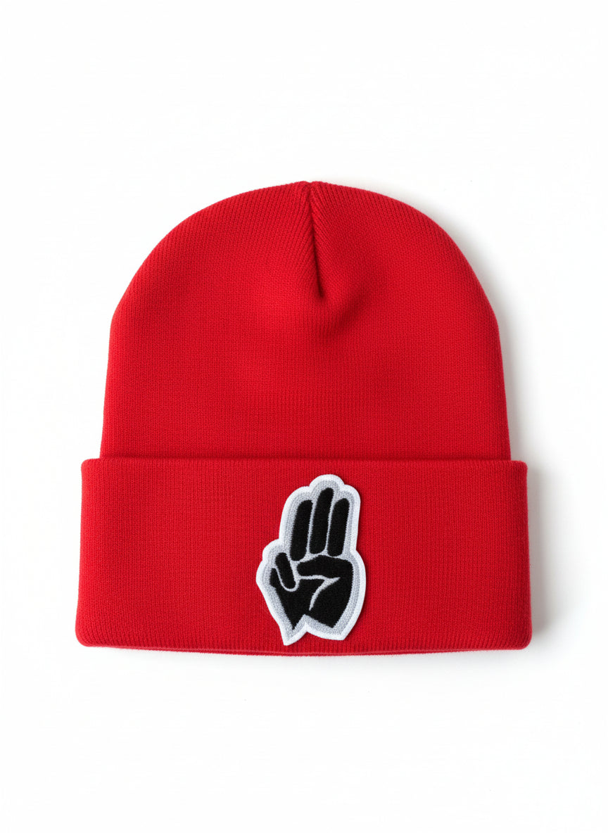 Three Wheel Nation beanie Red with Black Three Fingers