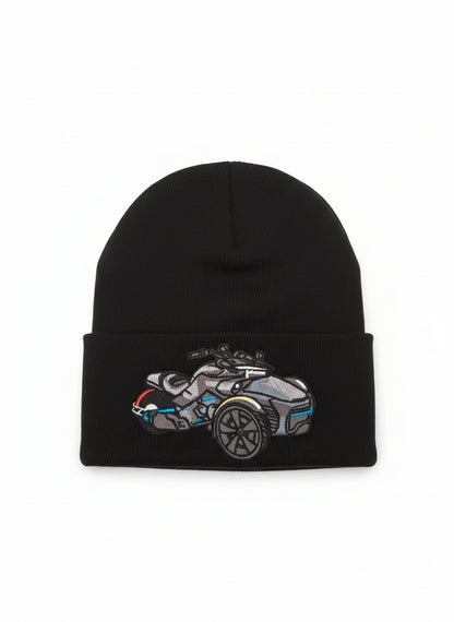 Three Wheel Nation Custom Black Beanie with Spyder Grey/Blue