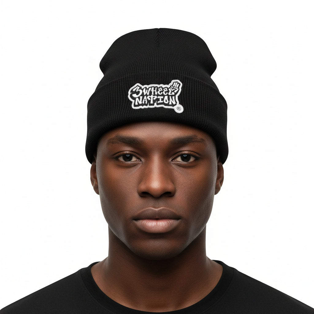 Three Wheel Nation Custom Black Beanie Silver Logo