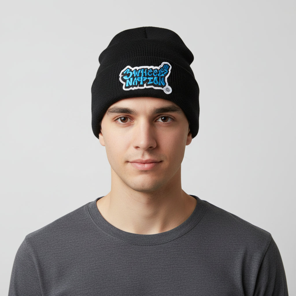 Three Wheel Nation Custom Black Beanie Blue Logo.