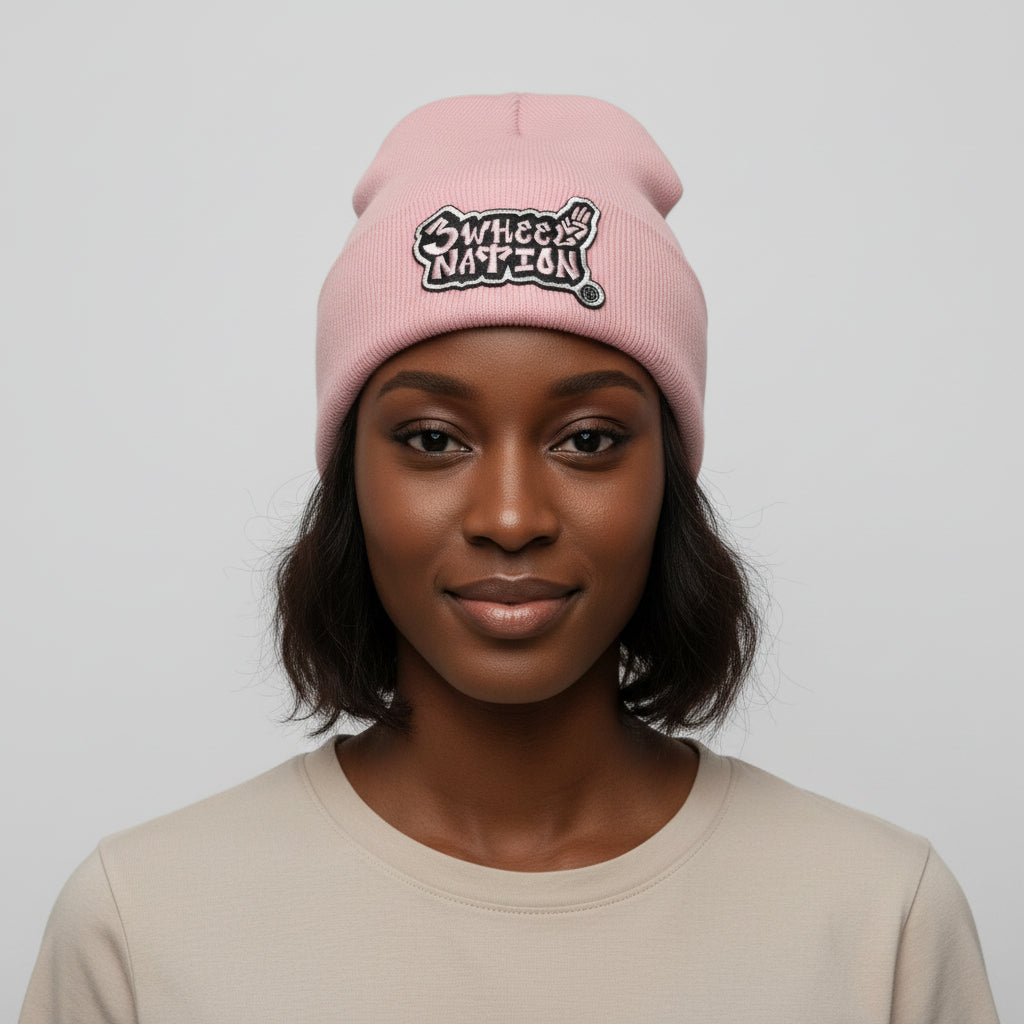 Three Wheel Nation Custom Pink Beanie Pink Logo